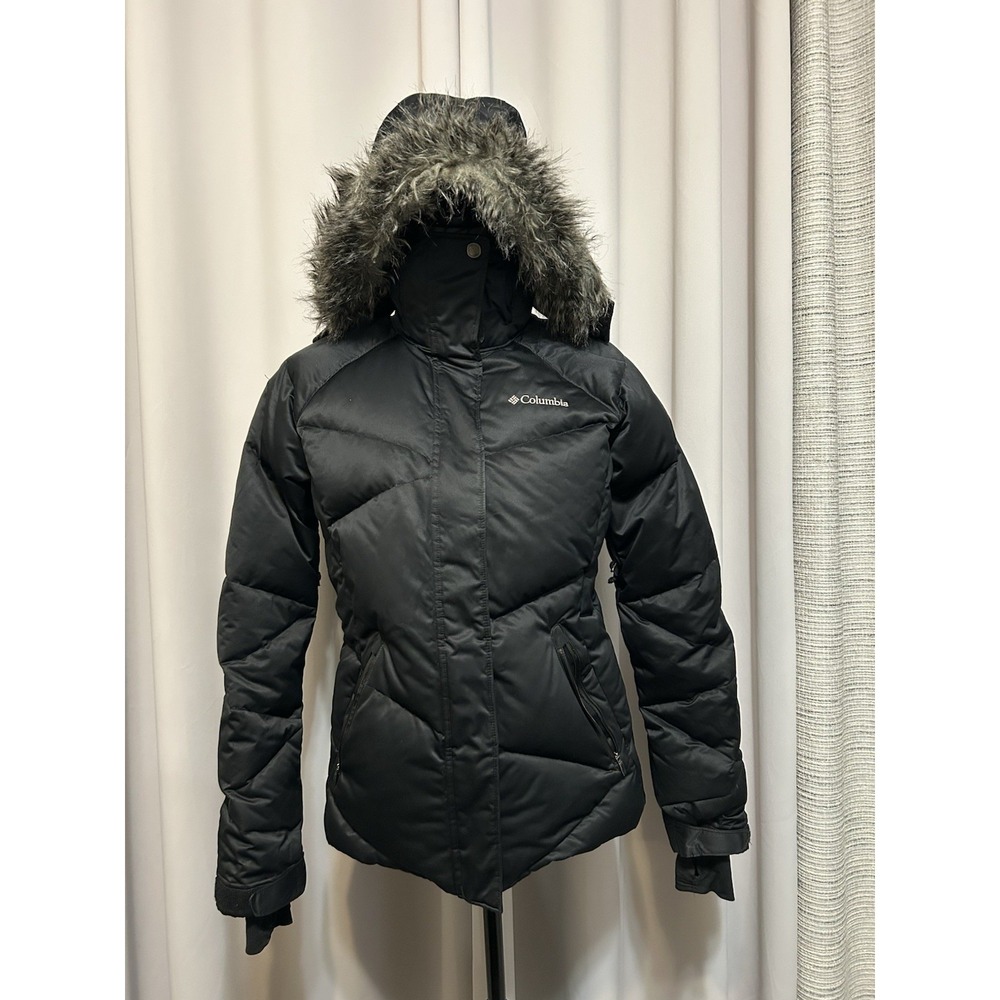 Columbia Jacket Womens Small Black Hooded Down Puffer Omni-Heat Fur Trim Coat